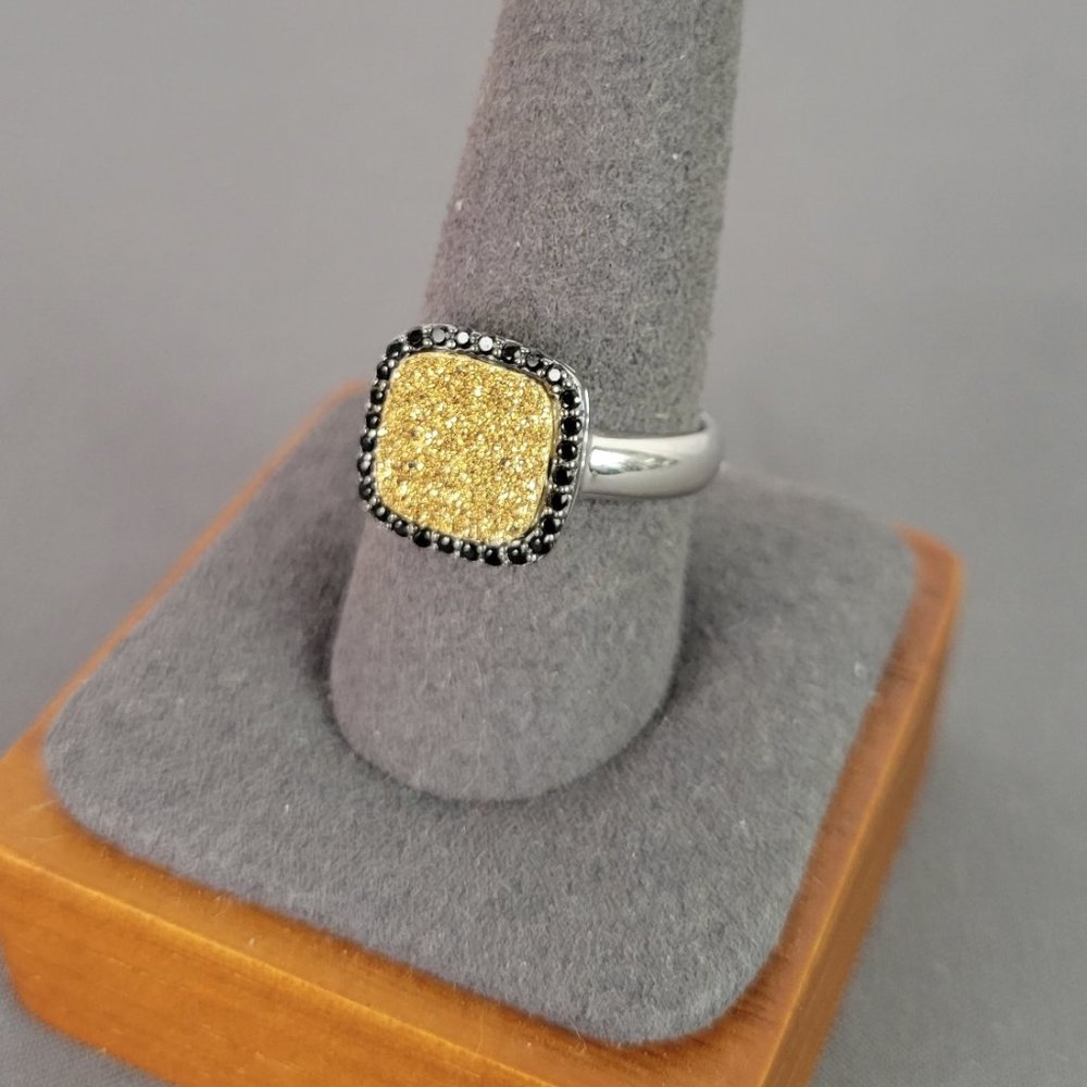 MILOR Beautiful Sterling Silver Druzy Yellow Quartz & Black CZ Ring, Sz9